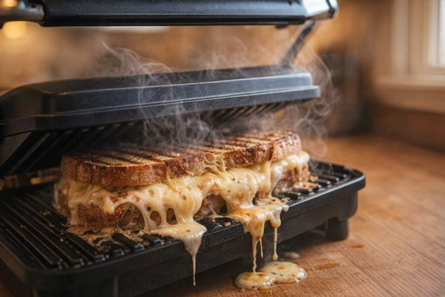 A panini press clamping down on a sandwich, cheese melting and oozing out, steam rising, warm kitchen lighting
